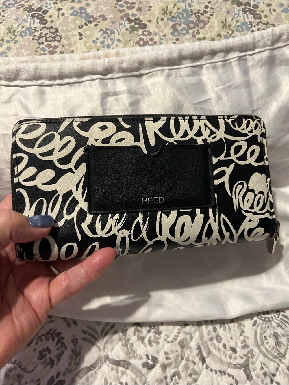 REED Black and White Script Zip Wallet